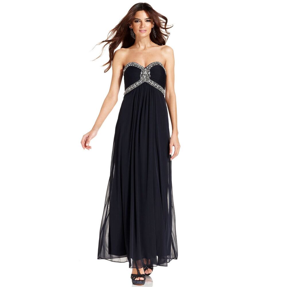 2000s Xscape Strapless Navy Beaded Empire Waist Gown Sz 8